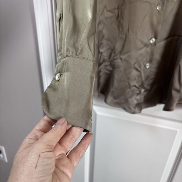 ZARA OFF GREEN SATIN V-NECK SHIRT LONG SLEEVE BUTTON CLOSURE SIZE M NWT - Picture 9 of 9